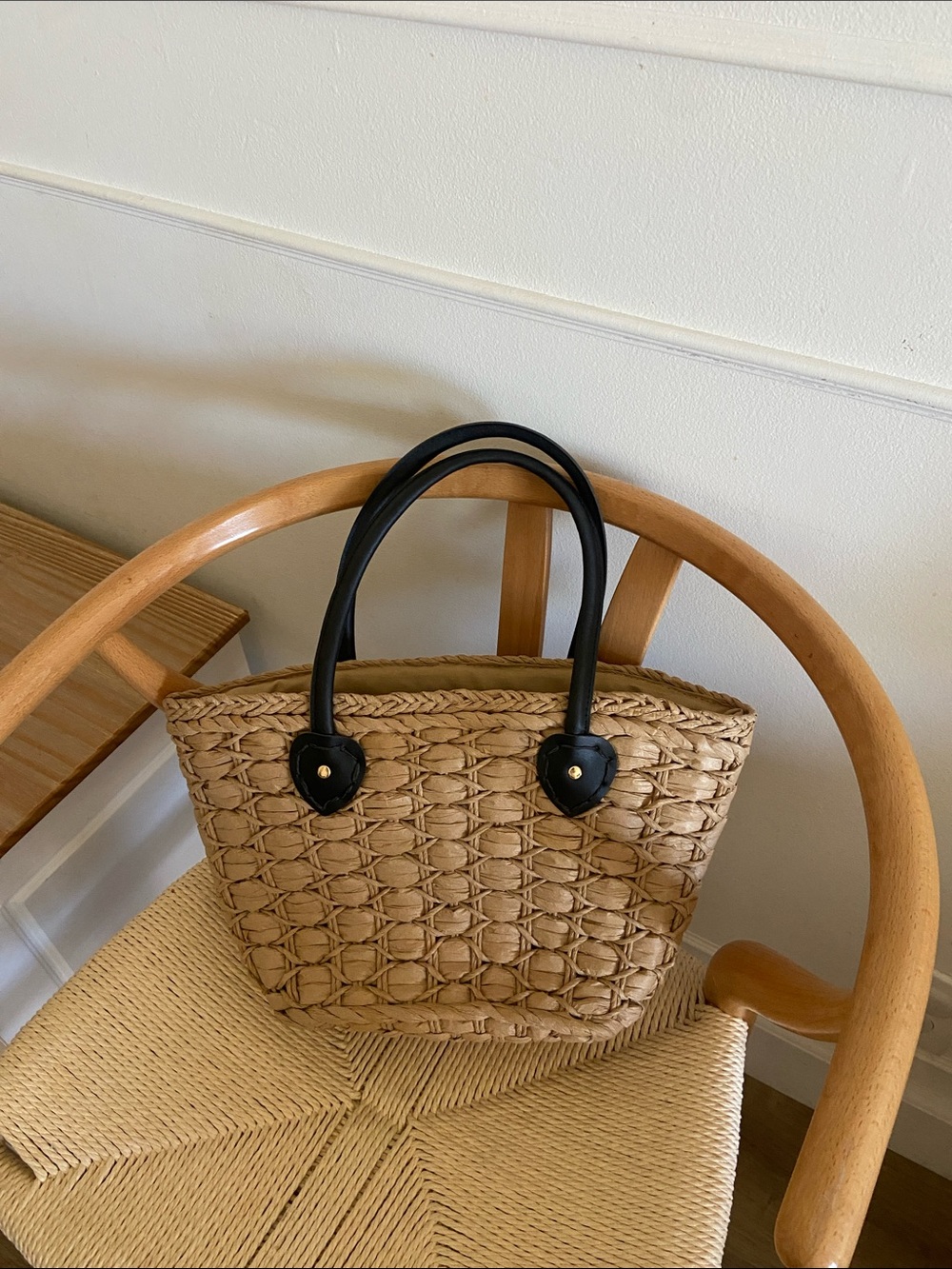 Woven Straw Tote Bag with Black Handles